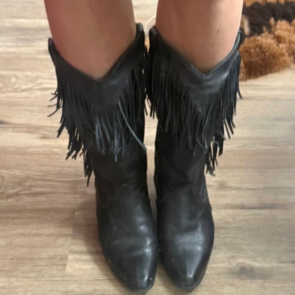 Acme Black Leather Fringe Cowboy Boots